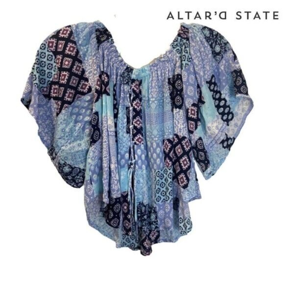 Altar'd State Off Shoulder Patchwork‎ Crop Top Women's Boho Peasant Crop - Picture 5 of 9